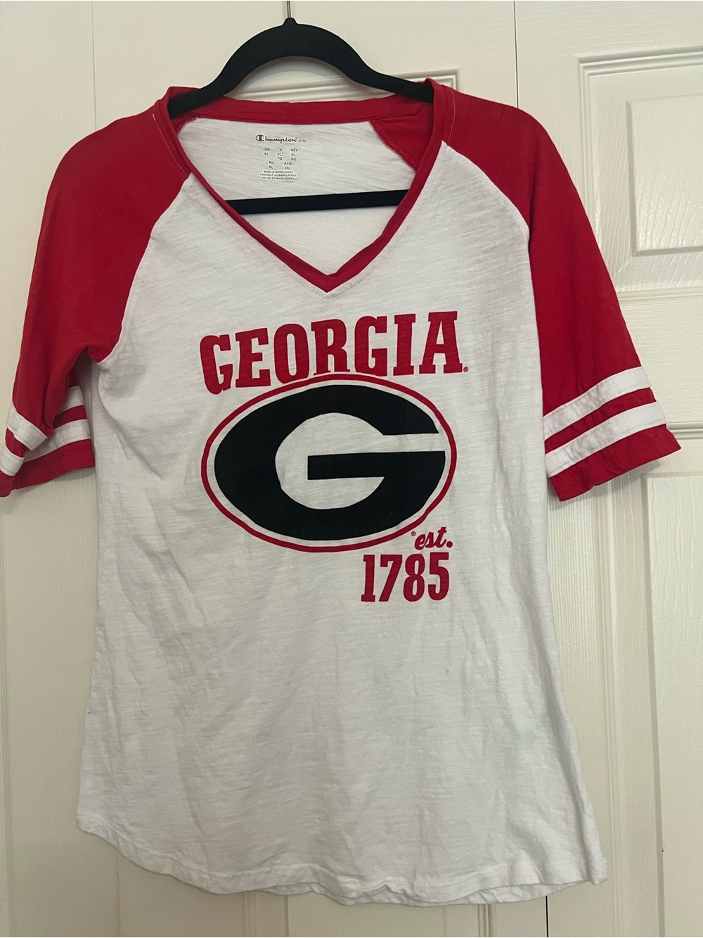 Champion White & Red Georgia V-Neck Raglan Tee